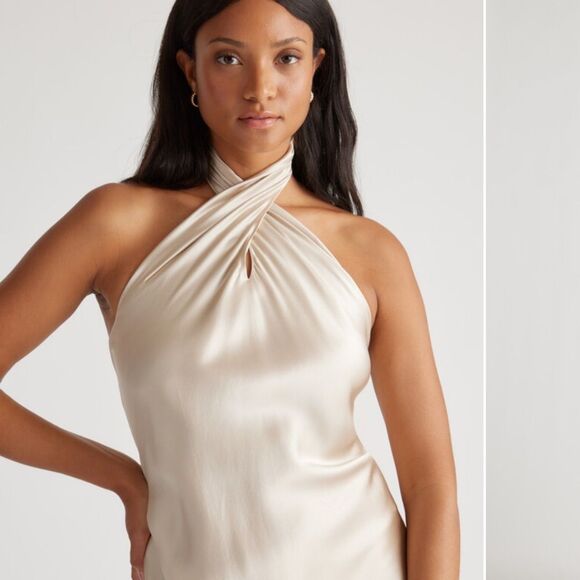 NEW Quince Silk Stretch Washable Twist Halter Midi Backless Dress Cream Size L - Picture 9 of 14